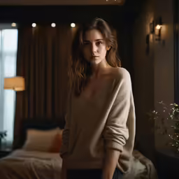 the woman is standing on a bed in the room