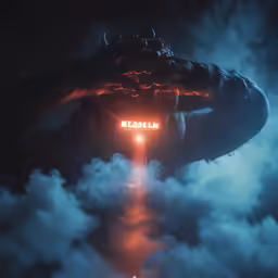 a creepy image shows a neon lit sign surrounded by clouds
