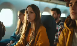 passengers on airplane are sitting in the cabin and staring away
