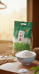 the rice is on top of the bowl, sitting near a corn plant