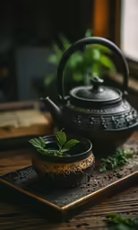 an oriental style tea pot sitting on a tray with a cup filled with mint