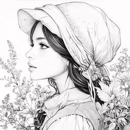 an illustration of a woman in a hat and dress, surrounded by flowers