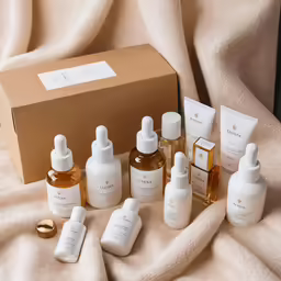 a wooden box with six bottles of skin care