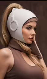 a woman with her face obscured, wearing an ear protector