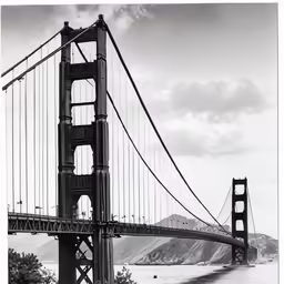 a black and white photo of a bridge in front of a hill