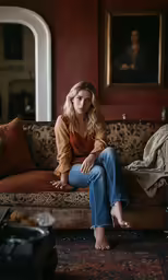 a woman sitting on a couch with a painting behind her