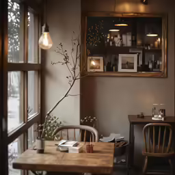 a room with chairs and a wooden table next to a window