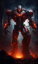 a large robot standing in a forest next to fire