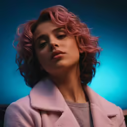 a woman with pink hair and makeup looking off to the side