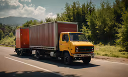 a yellow truck with red cargo drives down the highway,a yellow truck with orange cargo is going down the road