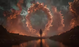 a person standing on the shore looking at a circular pattern