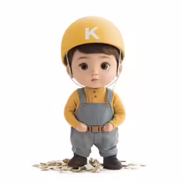 a small boy with a yellow helmet and overalls