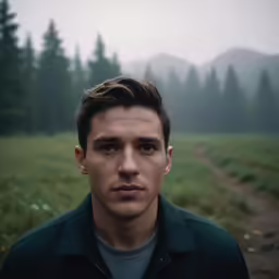 a man is in a foggy meadow looking at the camera