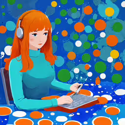 the girl with headphones is sitting in front of dots,a red headed woman in a blue shirt with headphones is sitting at a desk using her laptop
