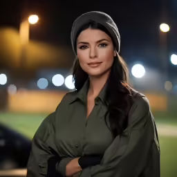 a woman with a hat and a green shirt