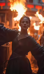 a young woman in a dark dress stands next to an audience with bright orange fire coming out from her face