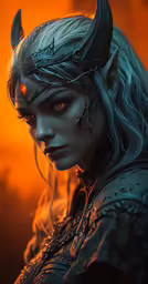 an evil elf with long hair wearing horns and yellow glowing eyes