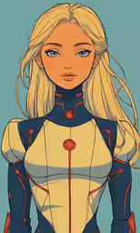 a female character with blonde hair and blue eyes wearing an armor