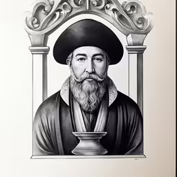 black and white drawing of an old man wearing a hat