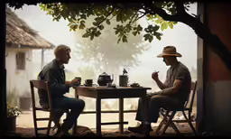two men sit at a table and talk