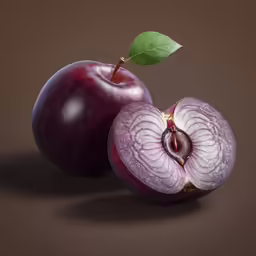 a purple apple and an red onion with a leaf