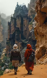 two people walking down a path towards a castle like structure