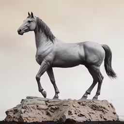 grey horse is standing on rock formation in water