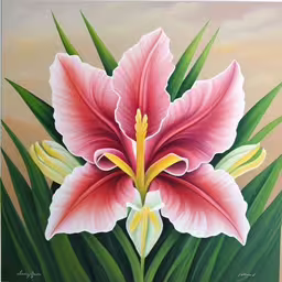 a painting with an elegant look to it,a picture of a flower with some green leaves,a painting of pink flowers and green leaves,a painting of a flower on a wall,a painting of pink and yellow flower in the grass