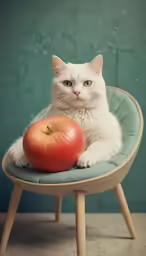 a cat sitting on a chair beside an apple