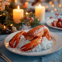 a large lobster sitting on top of white rice