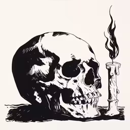 a black and white illustration of a skull next to a burning candle,the skull is sitting next to a lit cigarette