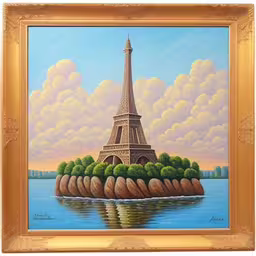 a painting of the eiffel tower is shown,the painting has a gold frame with an image of a eiffel tower