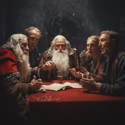 a group of men sitting around a table with a christmas tree in the background