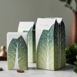 two paper bags are seen on a countertop