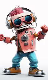 the character robot in a pink suit with headphones