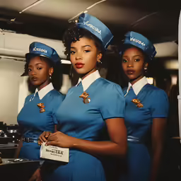 three women in uniforms standing in a kitchen