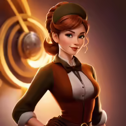 a woman with a uniform, standing in front of a swirl of lights