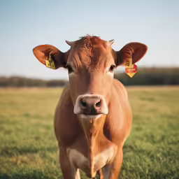 a cow that has ears clipped back stands in a field