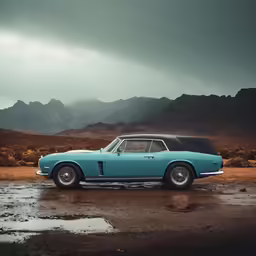 a vintage turquoise car parked in a field with mountains