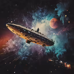 a large space ship floating over some small planets