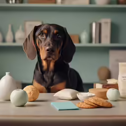 a dog that is sitting in front of some cookies