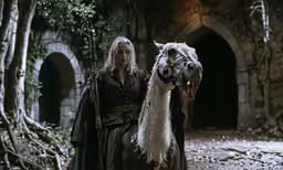 the lady is riding a camel on a path