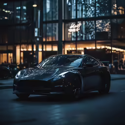a dark colored sports car sits on the street
