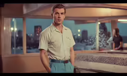 a man in a shirt and pants standing by a window