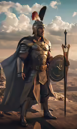 an artistic rendering of a roman warrior, with a sword and shield