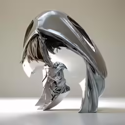 a silver and black mask sits next to a headpiece