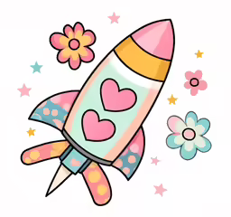 a cartoon rocket with hearts on it flying