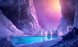 the ice cave has blue blue water and ice formations