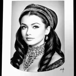 a woman in tiara and head piece, with a black hat on her head