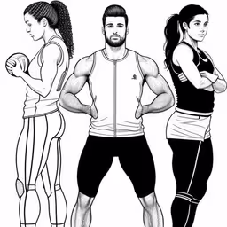 three people are standing with their arms crossed,three female and two male characters with an athletic outfit,three illustrations of a man and a woman in exercise clothes,a man and two women standing next to each other with their arms crossed,a black and white line drawing of three muscular men
